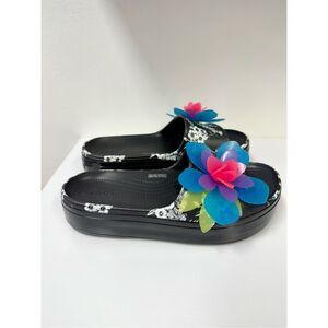 Crocs Black Neon Flower Slide Platform Sandals Floral Hyper Tropic 10